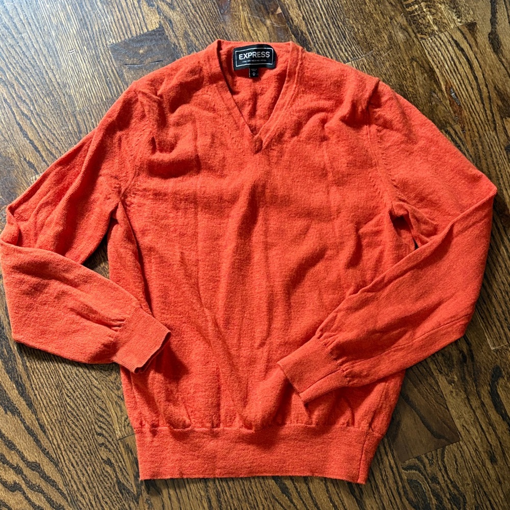 Express V-neck Sweater Italian Merino Wool in Vibrant Orange M runs small 4-6 - Picture 3 of 5
